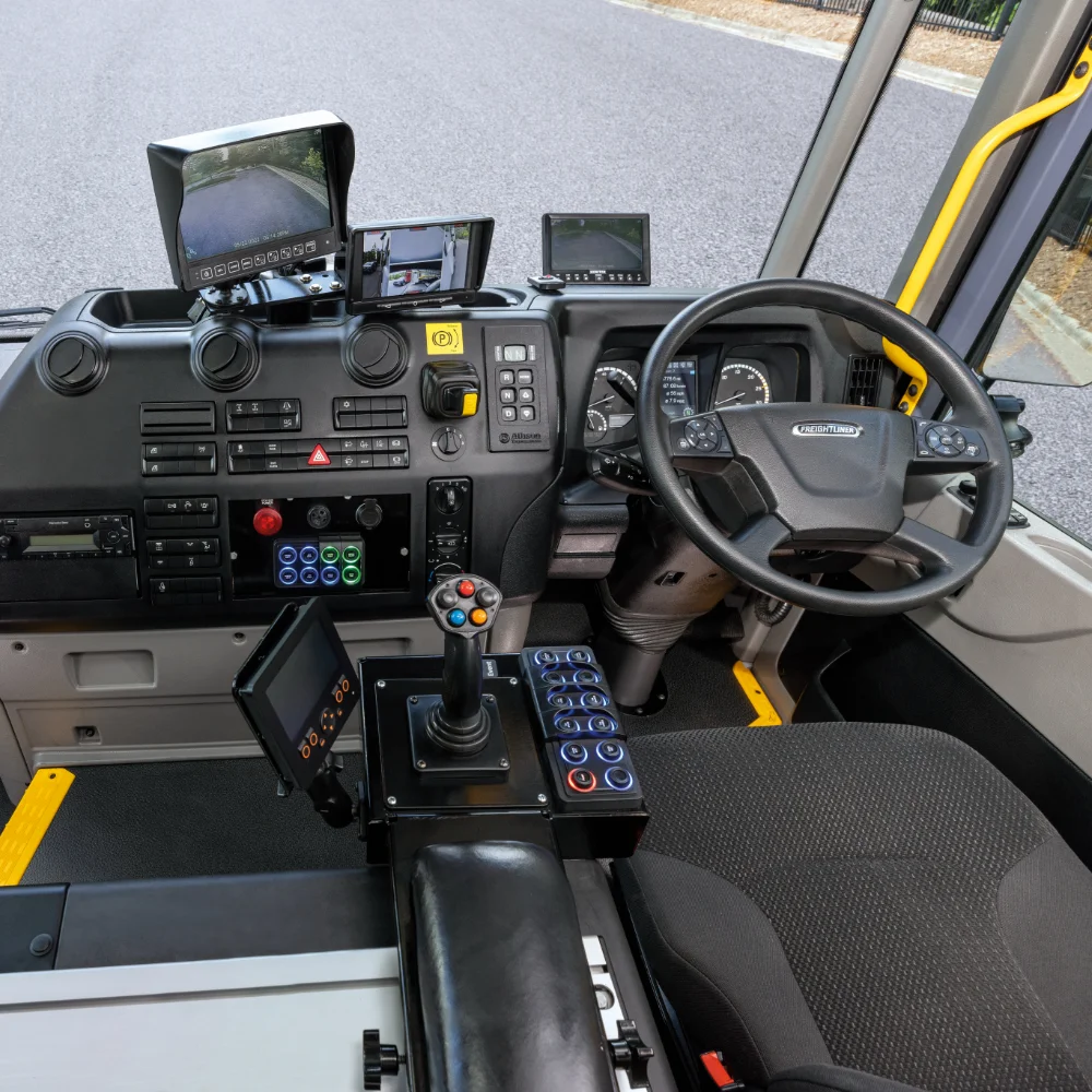Detailed view of Freightliner truck dashboard and controls
